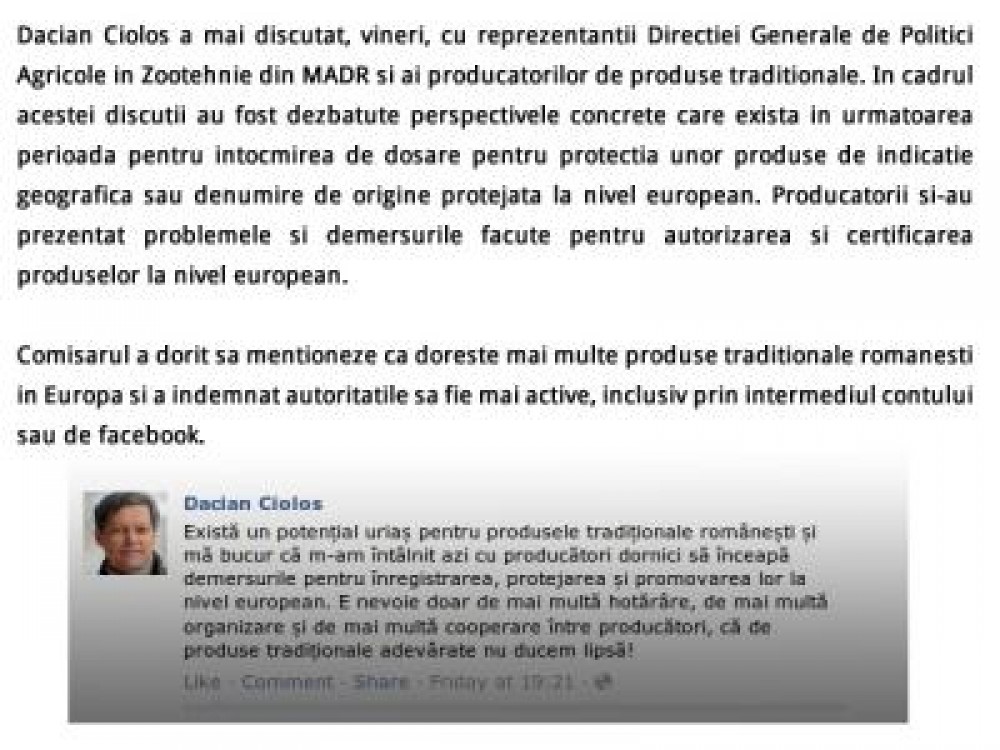 Comisarul european pentru agricultura, Dacian Ciolos, vrea mai multe produse traditionale romanesti pe pietele europene