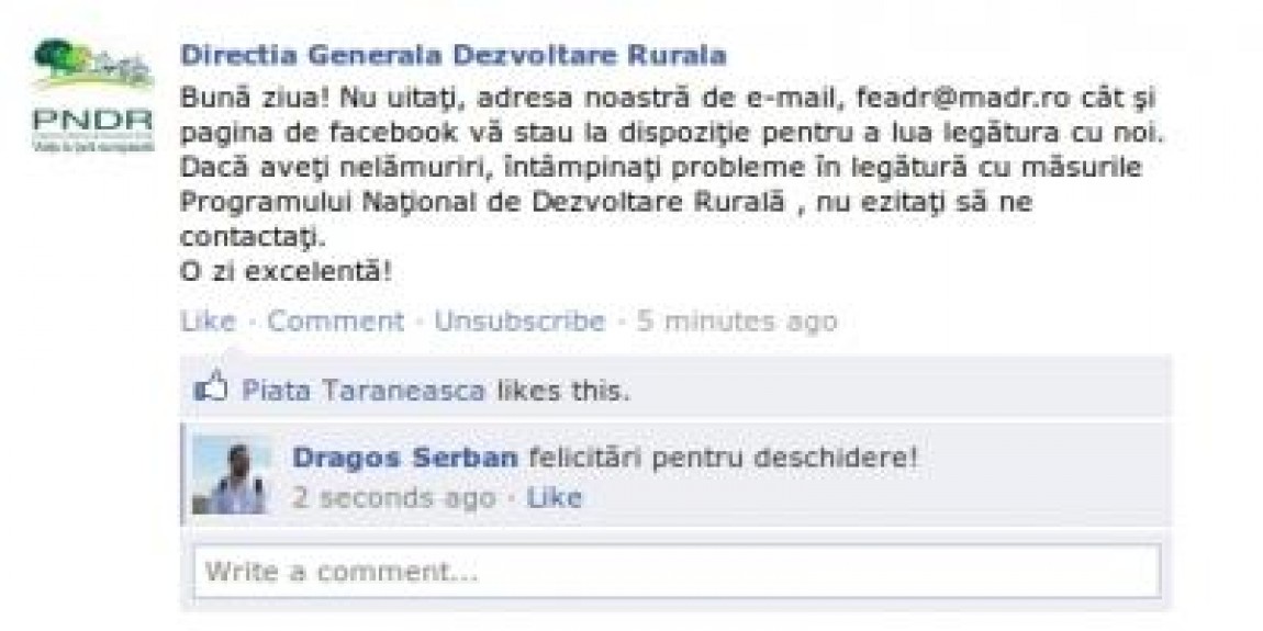 Directia Generala de Dezvoltare Rurala din cadrul Ministerului Agriculturii are cont pe facebook