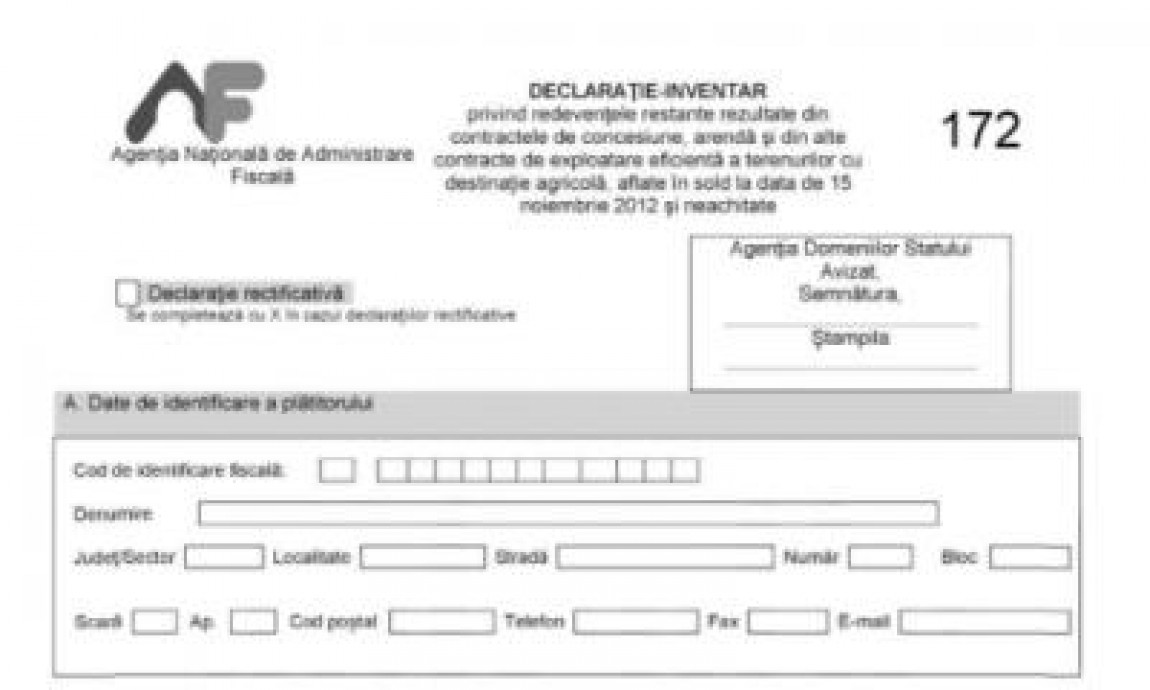 Formularul 172 - plata redeventelor restante rezultate din arenda - se depune pana pe 25 februarie