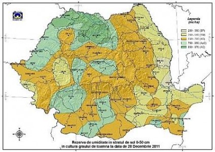 Rezerva de apa in sol la 28 decembrie 2011. Se mentine seceta pedologica in jumatatea sudica a tarii